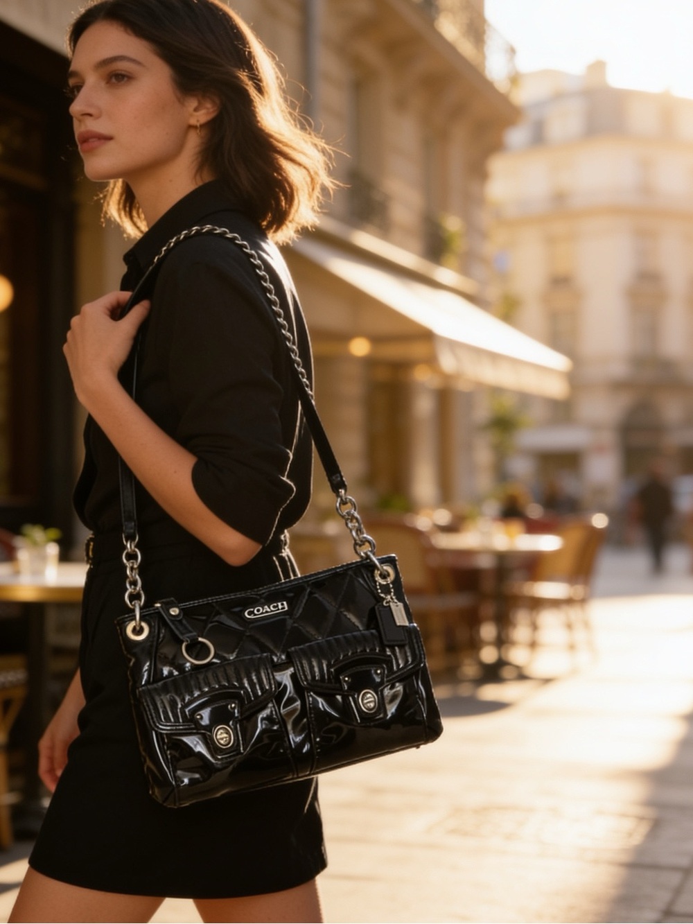 Vintage Coach Poppy Quilted Black Liquid Gloss Shoulder Bag/Crossbody Strap